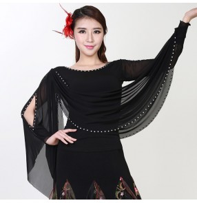 Black wine red diamond rhinestones irregular women's female big bat wing sleeves sexy fashion flamenco ballroom tango waltz dance tops blouses for ladies